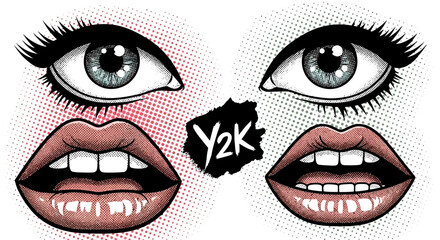 Y2K Pop Art Style Eyes and Lips Illustration