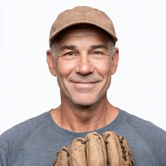 Man wearing baseball cap smiles holding baseball glove. American sports, athlete, recreation, relaxation, hobby, enjoyment, cheerful expression.
