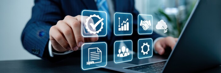 Businessman interacting with digital interface showing various business icons.