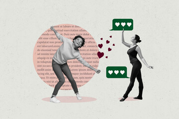 Full zine pop trend collage of happy girl guy stand colorful bubble valentine day heart speech...