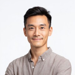 Asian man smiles in a studio portrait. Confident, handsome, professional, positive expression, clean cut