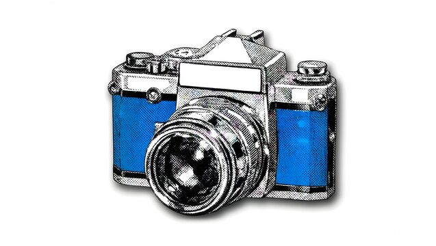 A stylized illustration of a classic camera with vibrant blue accents and a halftone dot pattern, creating a retro, pop art vibe.