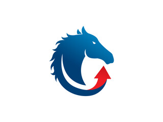 A stylized emblem of a horse head intertwined with a directional arrow, symbolizing forward movement and strength.