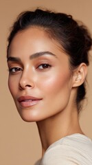 Woman poses with beautiful makeup. Beauty portrait, skincare routine, cosmetic model, flawless complexion.