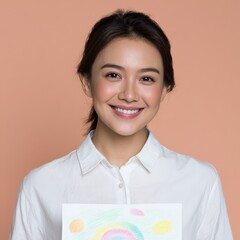 Smiling woman holds up a child's crayon drawing. Art project, colorful, creative, childhood, education, development