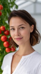 Woman smiles next to tomato plants in greenhouse. Fresh produce, gardening, sustainable agriculture, healthy lifestyle, and organic farming.