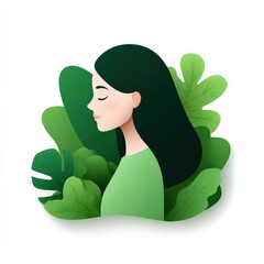 Woman in profile surrounded by green foliage. Illustration of female portrait, nature, beauty, health, wellness