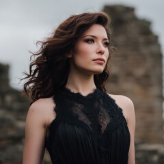 Woman in black dress looks thoughtfully at a distance. Brunette gazes away against an old stone backdrop.