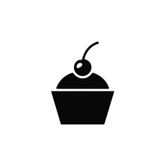 Black and White Icon of a Cupcake with Cherry Topping Illustration