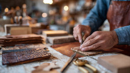 Fototapeta premium Close-up of skilled hands cutting premium leather with a rotary cutter on wooden workbench. Surrounded by patterns, tools, and scraps, highlighting artisan craftsmanship and leatherwork precision.