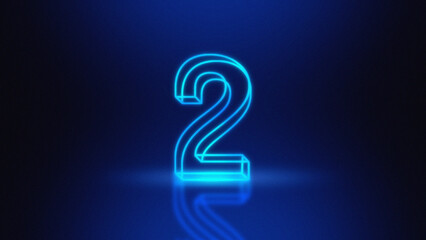 3d render, Blue neon light number two glowing in the dark 