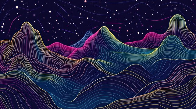 Abstract landscape with colorful, wavy lines, starry night sky