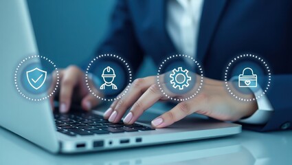 Hands typing on a laptop with security and functionality icons overlaid.