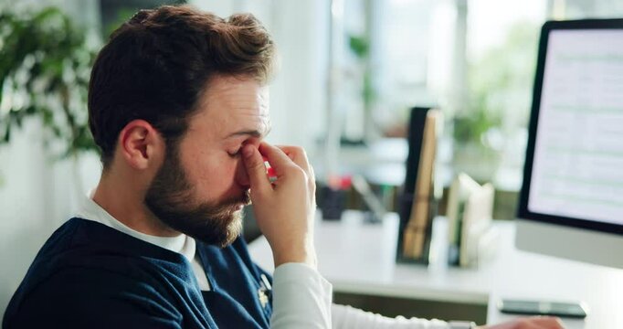Stress, tired nurse and man in clinic with eye strain, exhausted or overwork on deadline. Healthcare, fatigue and medical worker with glasses, headache and brain fog with mistake on computer screen
