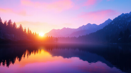 Fototapeta premium Serene sunset over tranquil lake, surrounded by majestic mountains and lush trees, creates peaceful atmosphere
