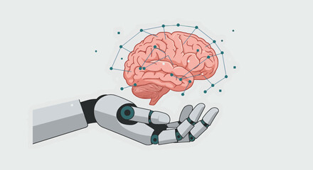 Artificial Intelligence Robotic Hand Holding Human Brain, Neural Network Concept