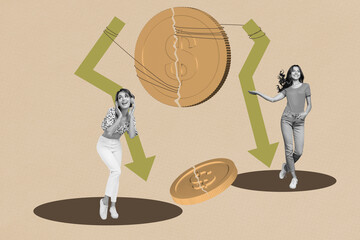 3d sketch poster trend art collage image of two happy girls business partners stand dollar crack...
