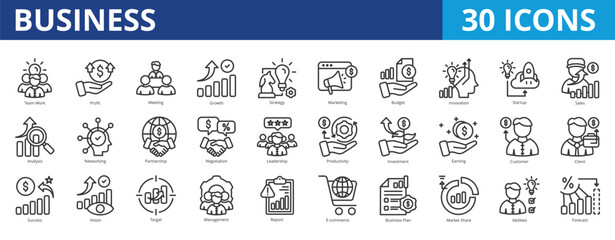 Business icon pack collection set for corporate management. With teamwork, profit, meeting, growth, strategy, marketing, innovation, startup, sales, analysis, partnership, and leadership icon