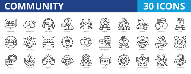 Community icon pack collection set for social media and team management. With help center, volunteer, diversity, support, discussion, event, team, collaboration, gathering, unity and network icon