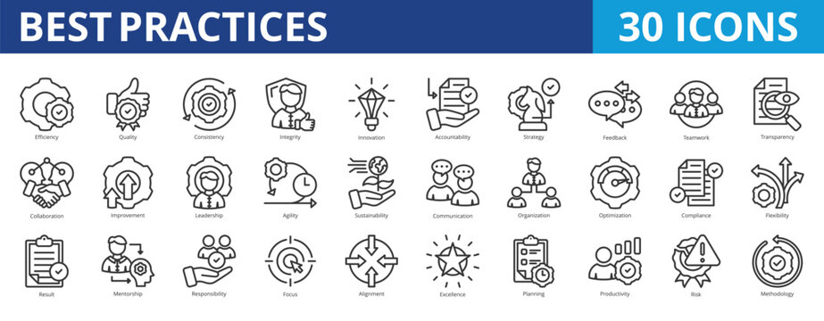 Best practices icon pack collection set for business operations and management. With efficiency, quality, consistency, integrity, innovation, accountability, strategy, feedback, and teamwork icon