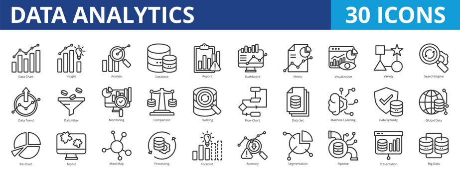 Data analytics icon pack collection set for business statistics and analysis. With data chart, insight, analytic, database, report, dashboard, metric, predictive, variety, search engine, trend icon
