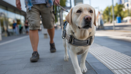 A focused guide dog, wearing a harness, walks beside its visually impaired owner on a city sidewalk. Natural daylight and urban cues emphasize independence, trust, and the human-animal bond.