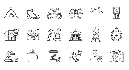 Outline Eco Tourism Icons with Tent, Campfire, Forest, Trail Map
