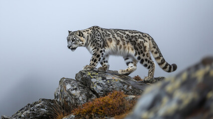Fototapeta premium Endangered Snow Leopard Climbing Steep Rocky Cliff in Remote High-Altitude Wilderness