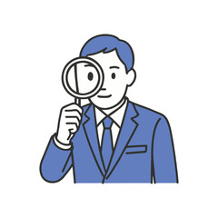 Minimalist vector illustration of a businessman in a suit holding a magnifying glass, symbolizing analysis, inspection, investigation, job search, or business review process