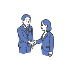 Flat style vector illustration of a man and woman in business attire shaking hands, representing agreement, partnership, teamwork, professional success, and collaboration