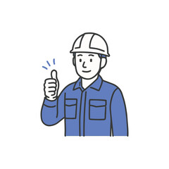 Minimalist vector illustration of a smiling construction worker in uniform and helmet giving a thumbs-up, symbolizing safety, approval, teamwork, and job satisfaction