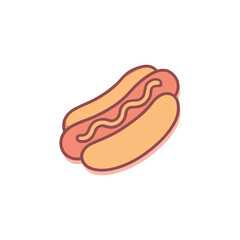 Flat vector illustration of a classic hot dog with sausage and mustard in a bun, representing fast food, snack, street food, or American cuisine concept artwork
