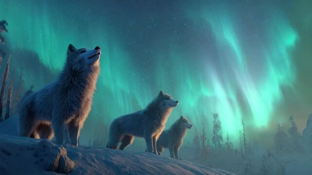 Majestic wolves howl under the northern lights in a winter landscape with shimmering colors