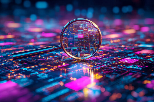Futuristic digital technology with magnifying glass analyzing a colorful data network