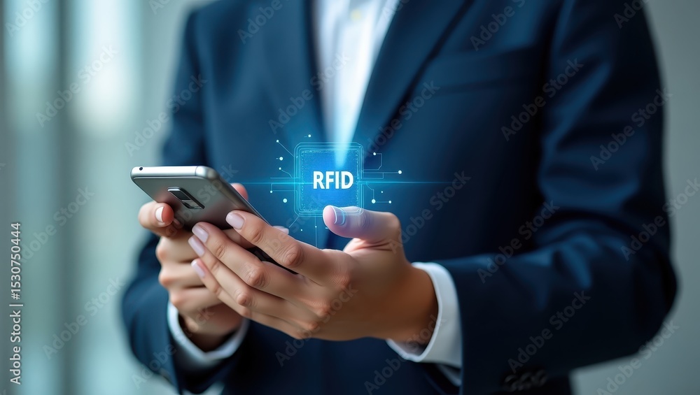 Poster a person holds a smartphone displaying an rfid technology interface.