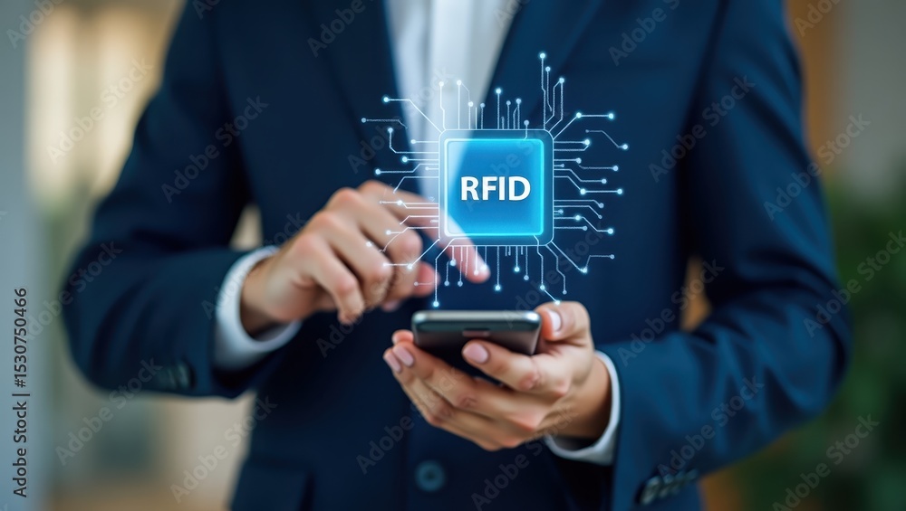Poster person using a smartphone to interact with an rfid chip graphic.