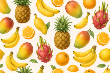 Realistic Seamless Pattern of Fresh Tropical Fruits on White Background
