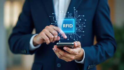 Person using a smartphone to interact with an rfid chip graphic.