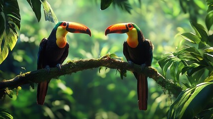 Fototapeta premium Two vibrant toucans perch on a rainforest branch, surrounded by lush foliage. A blurred background provides space for text. 