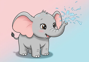 Obraz premium Adorable Baby Elephant Sprays Water Cute Cartoon Illustration