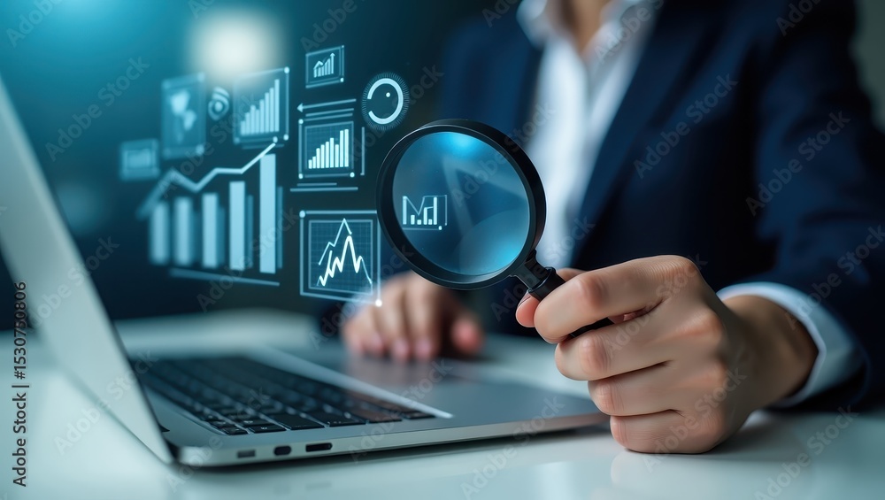 Poster magnifying glass over data visualizations on a laptop.