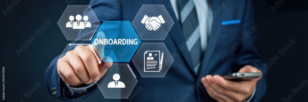 Poster businessperson interacting with a digital interface displaying onboarding information.