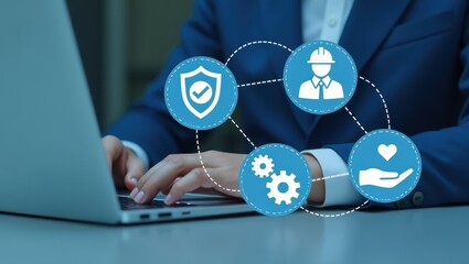 Person using a laptop with interconnected support icons.