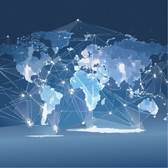 High-tech global network map with bright digital signals crossing continents, cloud-based systems, and glowing fiber-optic routes seen from a nighttime Earth view-generative AI