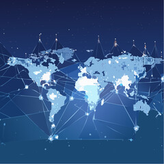 Digital world map with luminous data links connecting continents, symbolizing global networks, cloud systems, and fiber-optic communication over a city-lit night view-generative AI