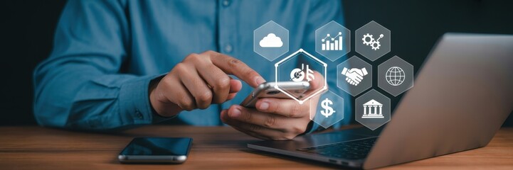 Person interacting with a smartphone overlaid with digital interface icons.