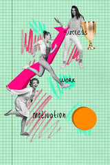 Creative poster collage of young girl red arrows win trophy on green color background