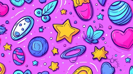 A vibrant, playful pattern featuring cartoon planets, stars, hearts, and sweets on a pink background.  The style is reminiscent of whimsical children's illustrations
