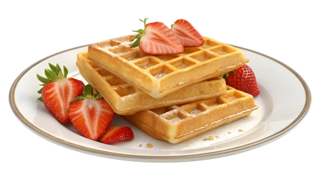 waffles with strawberry, crispy waffles served with strawberry slices isolated on transparent background