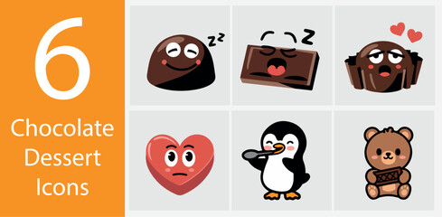 Cute Chocolate Icons – Flat Vector Set of 6 Delicious Chocolate Symbols for Packaging